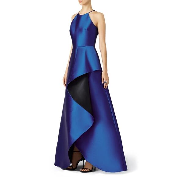 Badgley Mischka Royal Blue and Black Reverse Ruffle Structural Gown Sz 4 - Picture 2 of 14